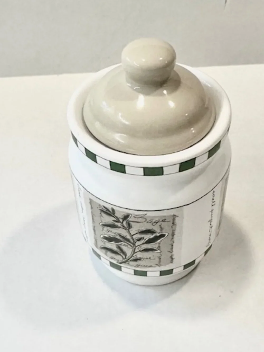 Vintage Savory Tyme Ceramic Canister with Lid Culinary Herb Theme White 6.5in